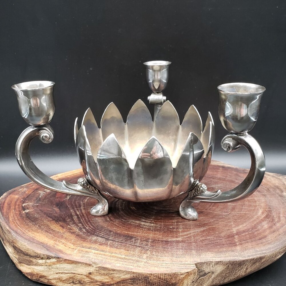 Leonard Silver Plate 3 Arm Candle Holder Centerpiece Floral Bowl Vintage
